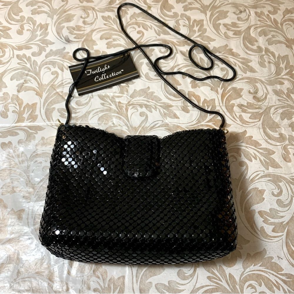 Black Studded Evening Bag Handbag w/ Long Black Chain Strap 7.5”x5” Gorgeous